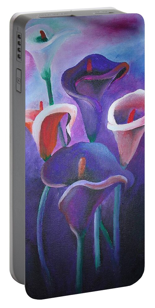 Zantedeschia Portable Battery Charger featuring the painting Purple Calla Lilies by Taiche Acrylic Art