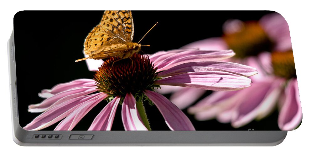 Butterfly Portable Battery Charger featuring the photograph Purple Cone flowers and Friend by Cheryl Baxter