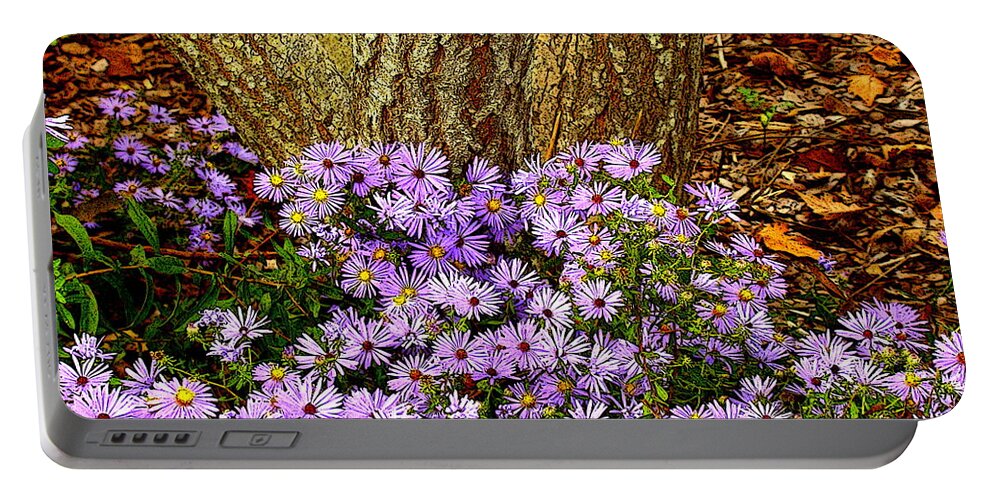 Fine Art Portable Battery Charger featuring the photograph Purple Flowers at Base of Tree by Rodney Lee Williams