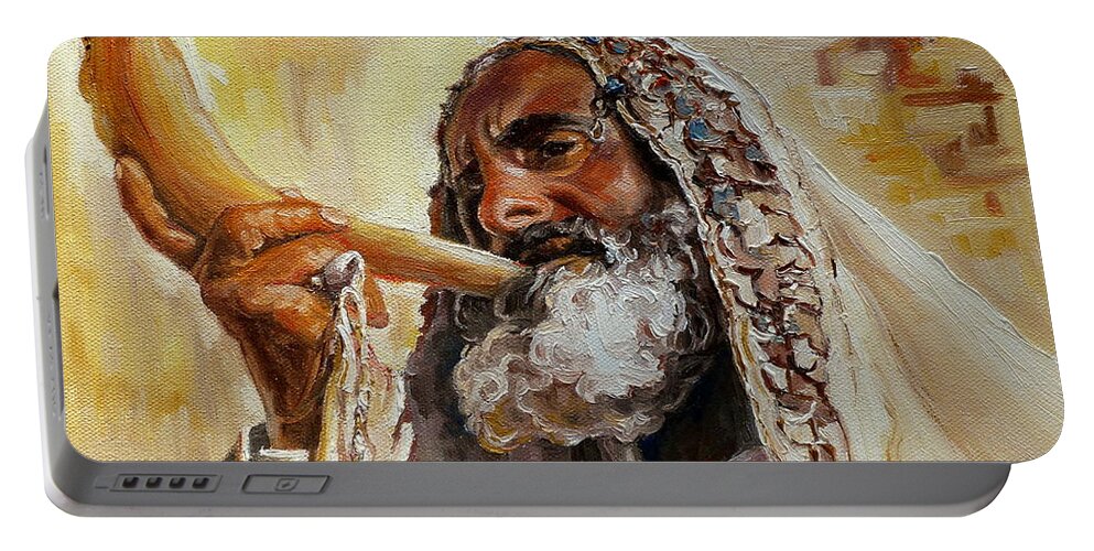 Rabbi Portable Battery Charger featuring the painting Rabbi Blowing Shofar by Carole Spandau