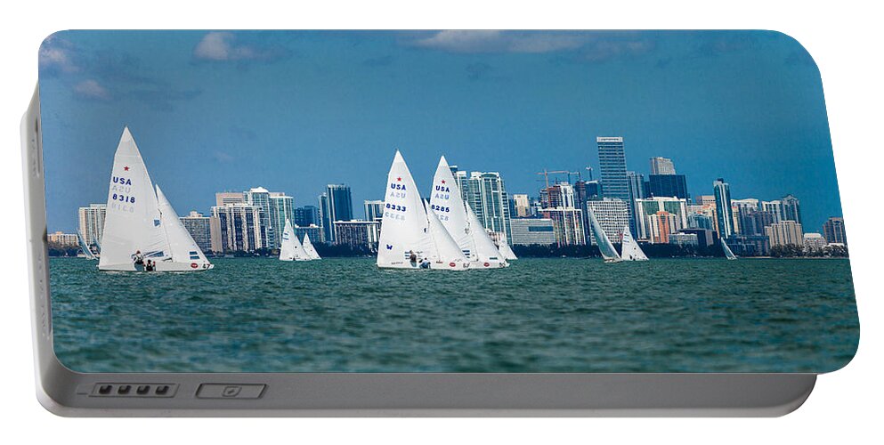 International Star Class Racing Yacht Portable Battery Charger featuring the photograph Racing past Miami by David Smith
