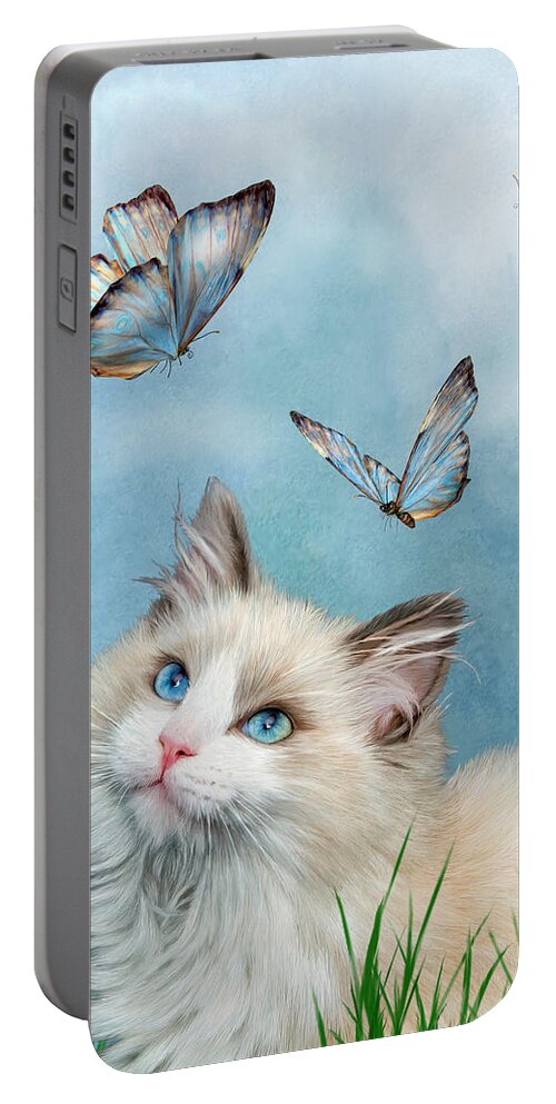 Kitty Portable Battery Charger featuring the mixed media Ragdoll Kitty And Butterflies by Carol Cavalaris