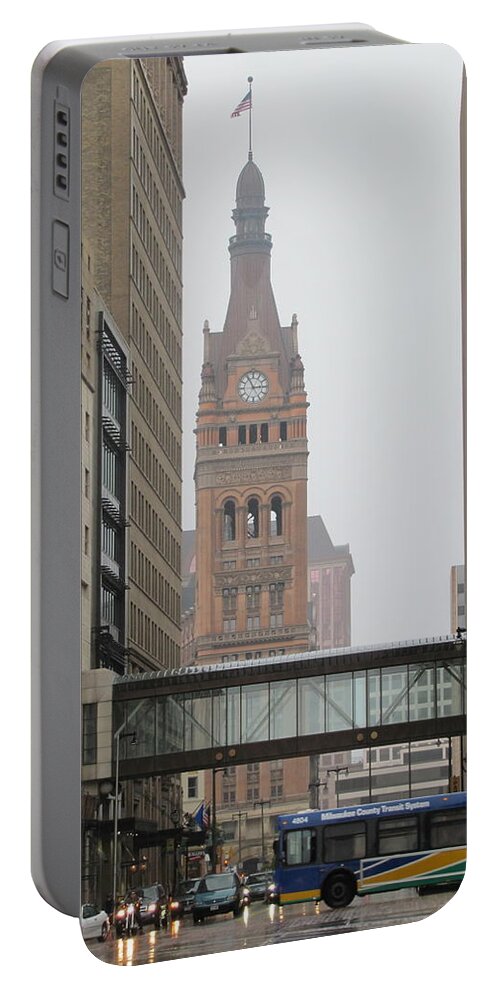 Milwaukee Portable Battery Charger featuring the photograph Rain City Hall and Bus by Anita Burgermeister