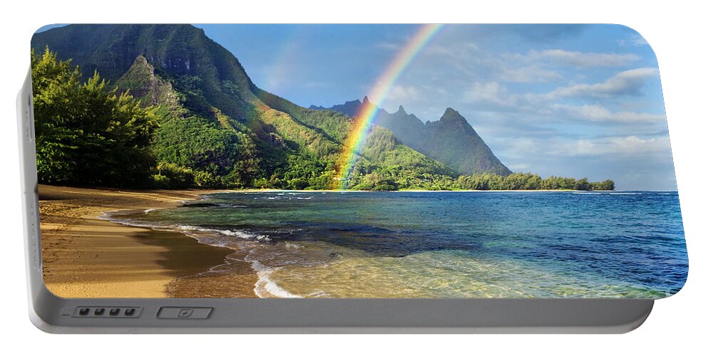 Amazing Portable Battery Charger featuring the photograph Rainbow over Haena Beach by M Swiet Productions