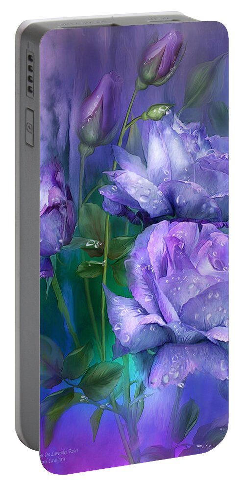 Roses Portable Battery Charger featuring the mixed media Raindrops On Lavender Roses by Carol Cavalaris