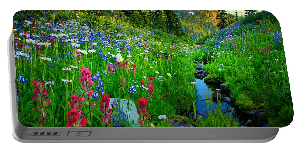 America Portable Battery Charger featuring the photograph Rainier Wildflower Creek by Inge Johnsson