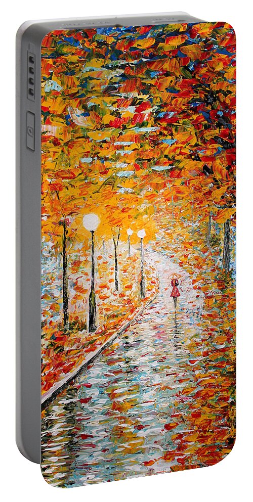 Impressionism Autumn Portable Battery Charger featuring the painting Rainy Autumn Day palette knife original by Georgeta Blanaru