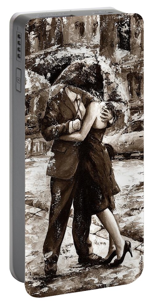 Amorous Portable Battery Charger featuring the painting Rainy day - Love in the rain 2 sepia by Emerico Imre Toth