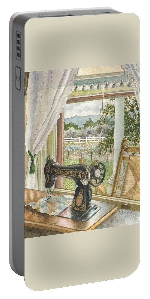 Sewing Machine Painting Portable Battery Charger featuring the painting Rainy Day on the Old Farm by Anne Gifford