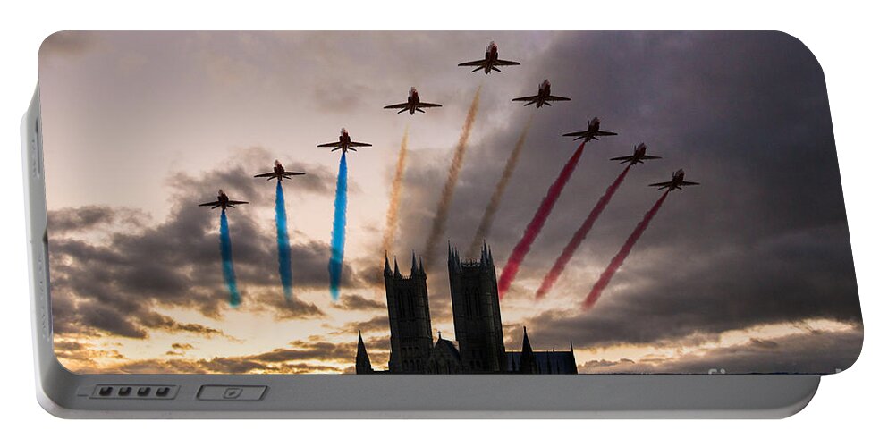The Red Arrows Raf Portable Battery Charger featuring the digital art Red Arrows over Lincoln Cathedral by Airpower Art