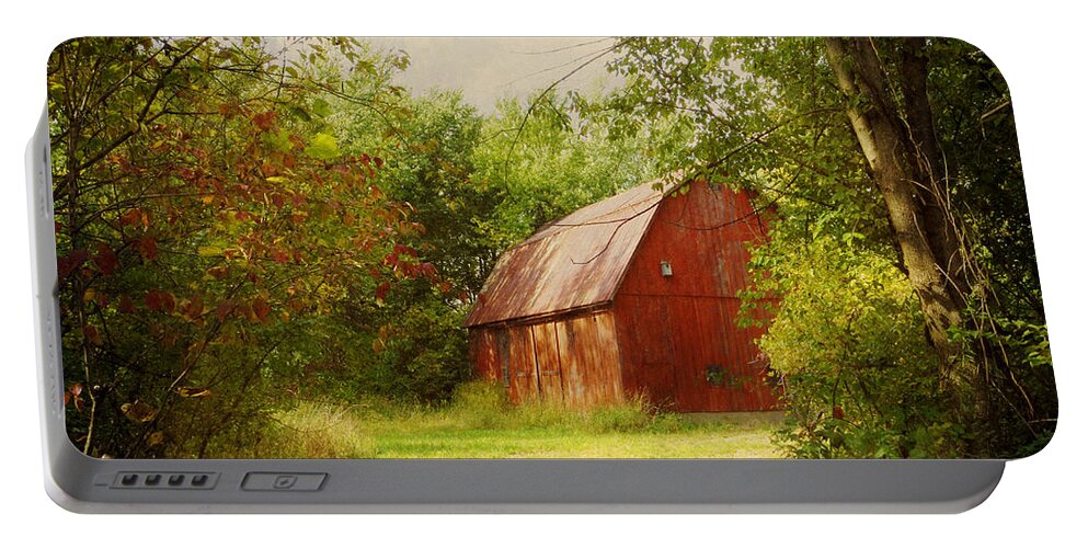 Barn Portable Battery Charger featuring the photograph Red Barn in The Woods by Shawna Rowe