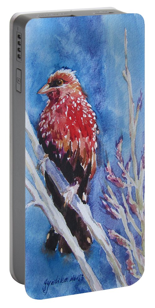 Bird Portable Battery Charger featuring the painting The Red Bird with pink flowers by Jyotika Shroff
