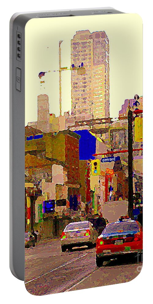 Toronto Portable Battery Charger featuring the painting Red Cab On Gerrard Chinatown Morning Toronto City Scape Paintings Canadian Urban Art Carole Spandau by Carole Spandau