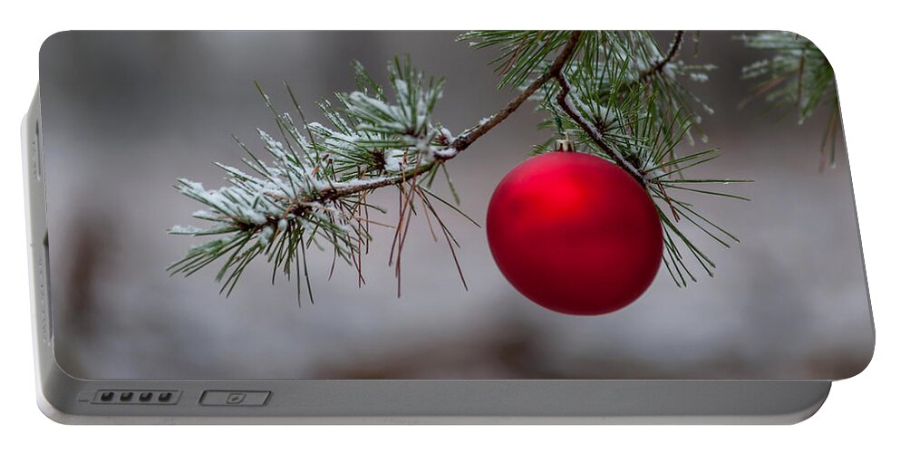 Terry D Photography Portable Battery Charger featuring the photograph Red Christmas Ball Branch by Terry DeLuco