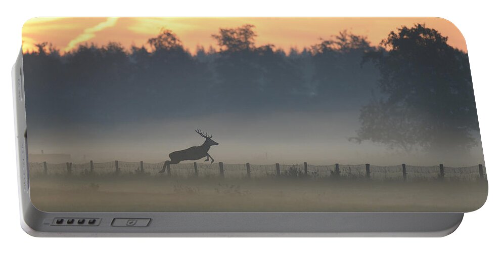 Ton Schenk Portable Battery Charger featuring the photograph Red Deer Stag Jumping Fence by Ton Schenk