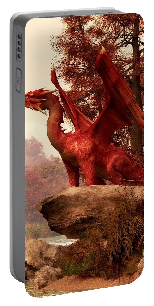 Fantasy Portable Battery Charger featuring the digital art Red Dragon In Autumn by Daniel Eskridge