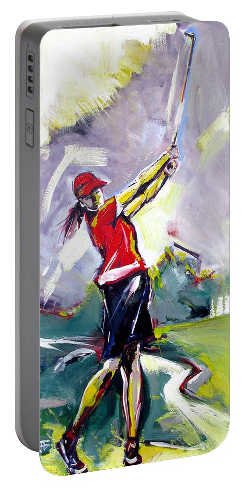 Golf Portable Battery Charger featuring the painting Red Golf Girl by John Gholson