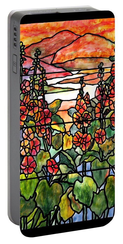 Stained Glass Portable Battery Charger featuring the painting Stained Glass Tiffany Red hollyhocks in landscape in watercolor by Donna Walsh