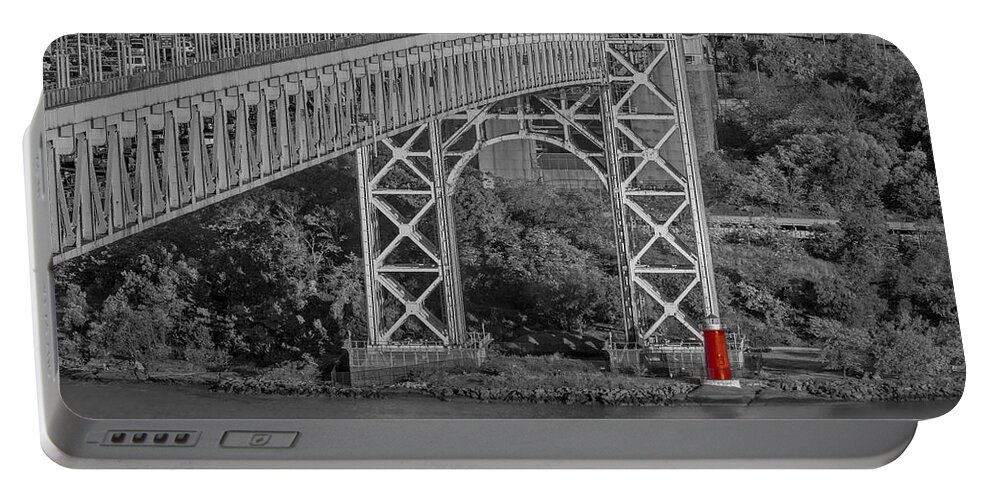 Autumn Portable Battery Charger featuring the photograph Red Lighthouse And Great Gray Bridge BW by Susan Candelario