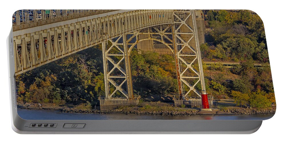Autumn Portable Battery Charger featuring the photograph Red Lighthouse And Great Gray Bridge by Susan Candelario