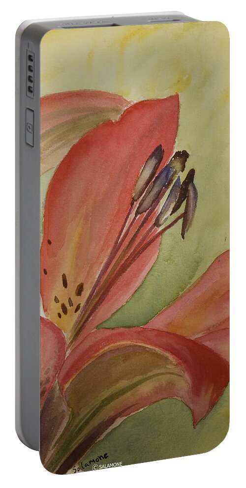 Lily Red Flower Watercolor Macro Portable Battery Charger featuring the painting Red Lily by Brenda Salamone