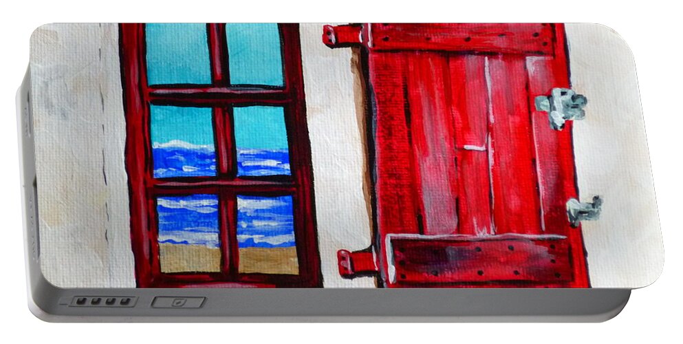 Red Portable Battery Charger featuring the painting Red Shutter Ocean by Jackie Carpenter