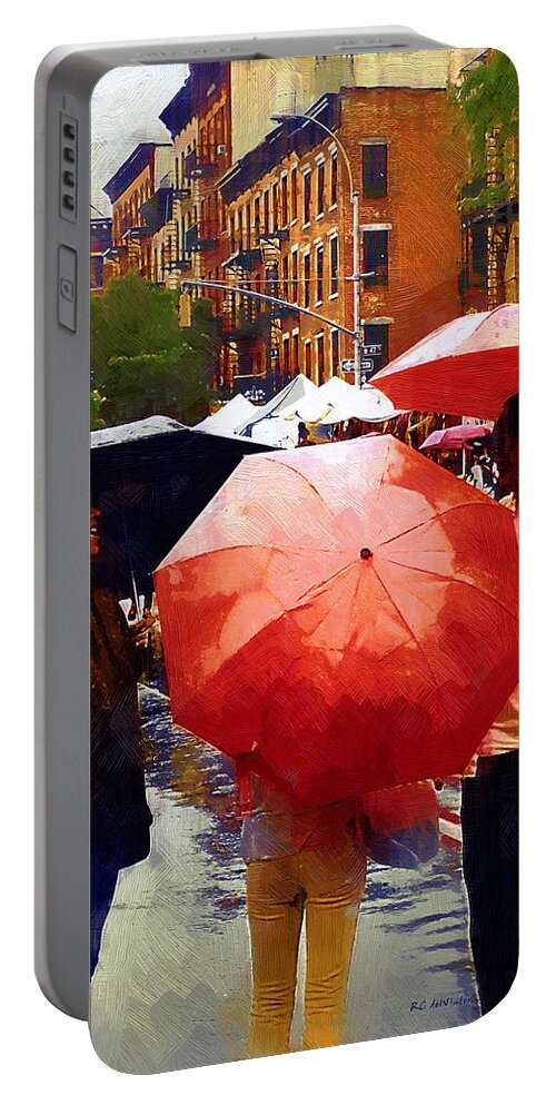 People Portable Battery Charger featuring the painting Red Umbrellas in the Rain by RC DeWinter