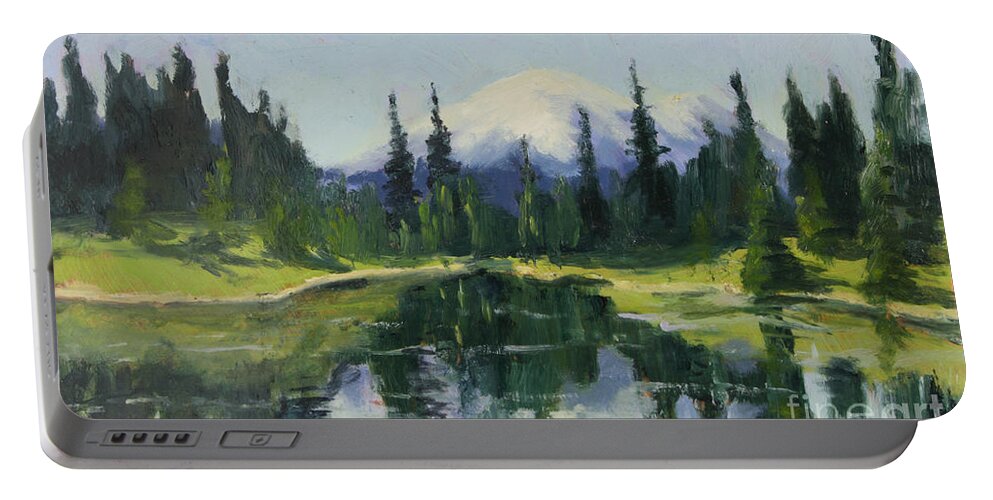 Mountain Portable Battery Charger featuring the painting Picnic by the Lake II by Maria Hunt
