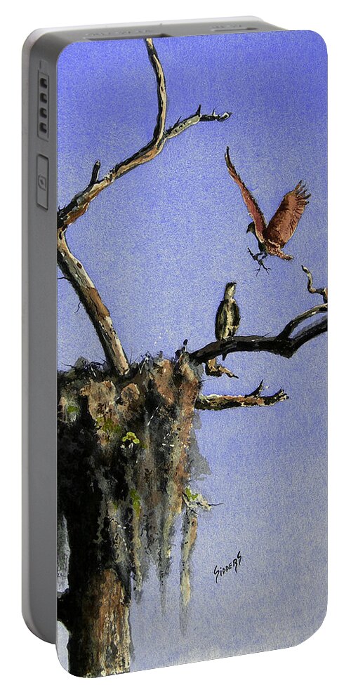 Eagle Portable Battery Charger featuring the painting Repairing The Nest by Sam Sidders