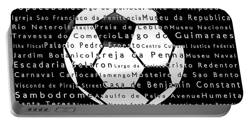 City Portable Battery Charger featuring the digital art Rio de Janeiro in Words Black Soccer by Sabine Jacobs