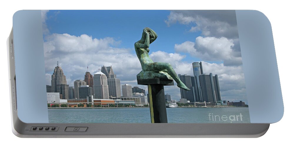Detroit Portable Battery Charger featuring the photograph River Art and Architecture by Ann Horn