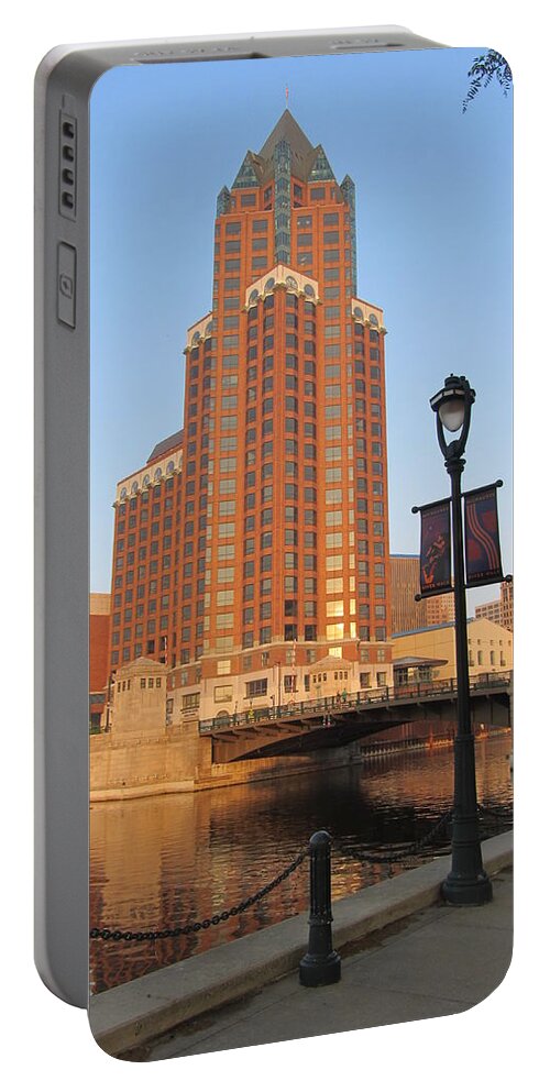 Milwaukee Portable Battery Charger featuring the photograph Riverwalk and Lamp Post by Anita Burgermeister