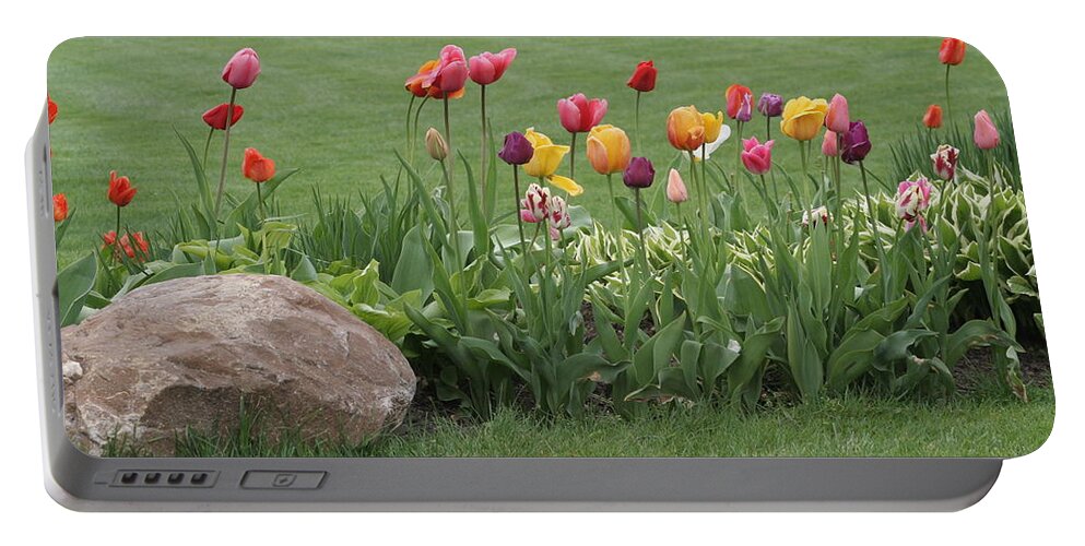 Tulips Portable Battery Charger featuring the photograph Tulip and Hosta Garden by Valerie Collins