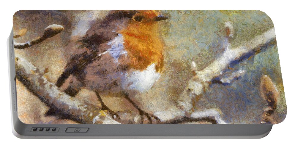 Nature Portable Battery Charger featuring the digital art Robin Redbreast by Charmaine Zoe