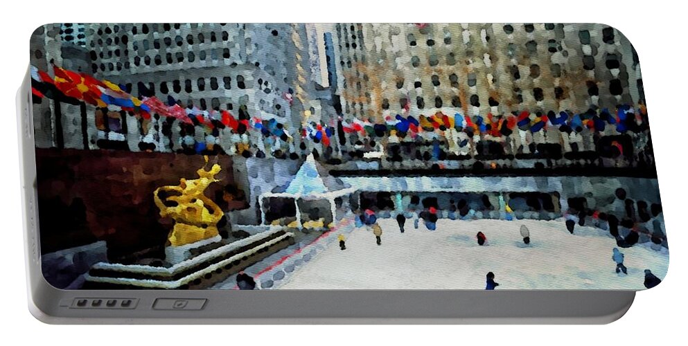Rockefeller Center Ice Skating Portable Battery Charger featuring the painting Rockefeller Center Ice Skaters NYC by Femina Photo Art By Maggie