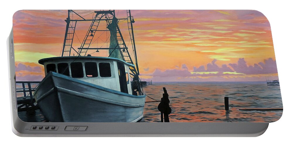 Rockport Texas Shrimp Boat Portable Battery Charger featuring the painting Rockport Sunrise by Jimmie Bartlett