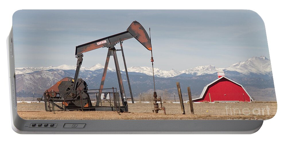 Colorado Portable Battery Charger featuring the photograph Rocky Mountains Oil Well and Red Barn Panorama by James BO Insogna
