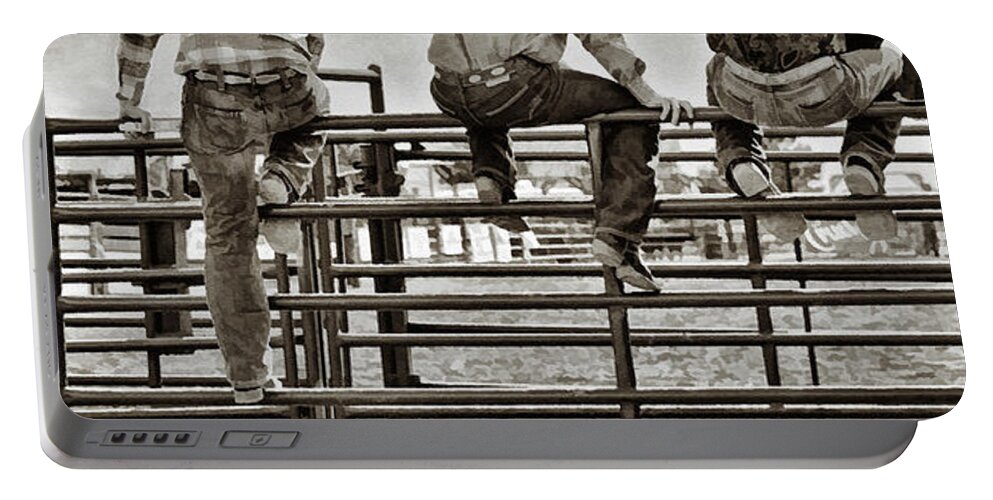 Rodeo Portable Battery Charger featuring the photograph Rodeo Fence Sitters- Sepia by Priscilla Burgers