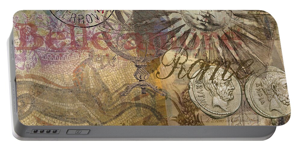 Doodlefly Portable Battery Charger featuring the digital art Rome Vintage Italy Travel Collage by Mary Hubley