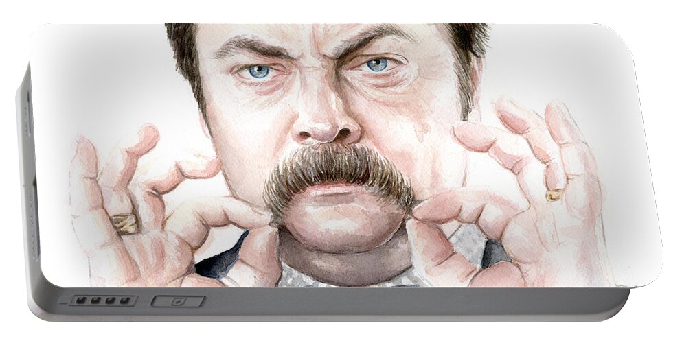 Ron Portable Battery Charger featuring the painting Ron Swanson Mustache Portrait by Olga Shvartsur