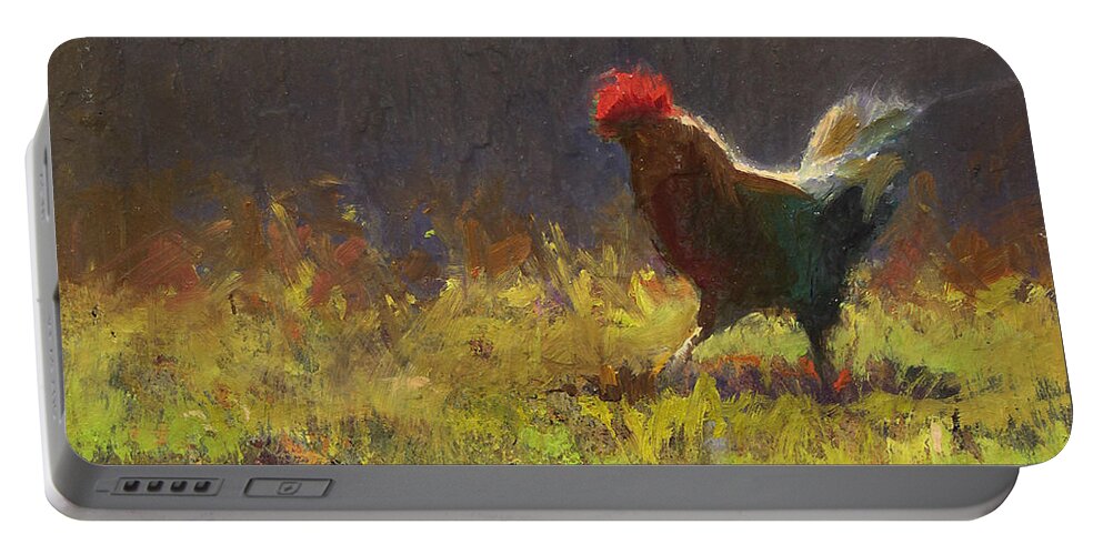 Rustic Painting Portable Battery Charger featuring the painting Rooster Strut - Impressionistic Chicken Landscape - Abstract Farm Art - Chicken Art - Farm Decor by K Whitworth