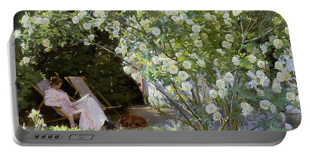 Rosebush Portable Battery Charger featuring the painting Roses by Peder Severin Kroyer