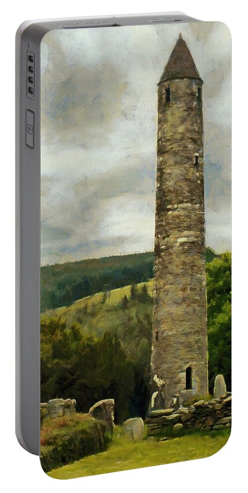 Glendalough Portable Battery Charger featuring the painting Round Tower at Glendalough by Jeffrey Kolker