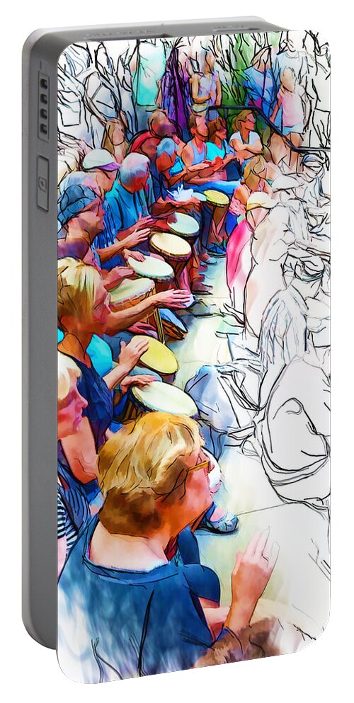 Drum Circle Portable Battery Charger featuring the mixed media Rows of Drummers by John Haldane