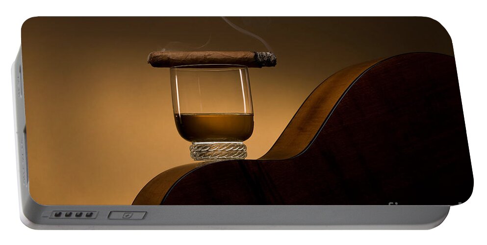 Beverage Portable Battery Charger featuring the photograph Rum, Havana Cigar, Guitar by Wolfgang Herath