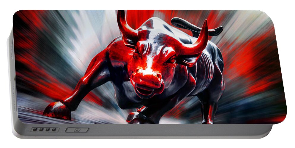 Wall Street Charging Bull In Red Portable Battery Charger featuring the photograph Run by Az Jackson