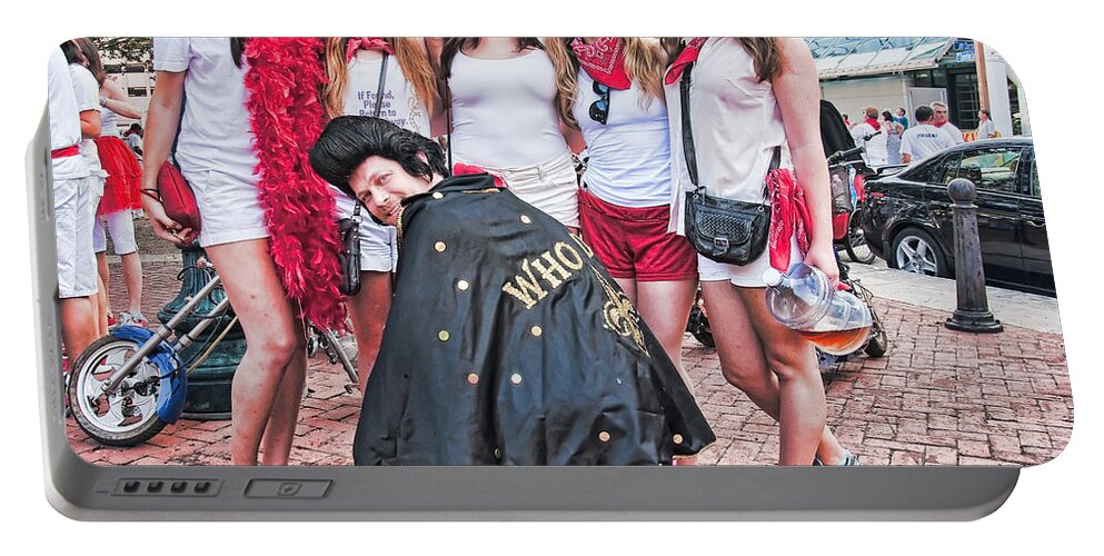 Women Portable Battery Charger featuring the photograph Runners and Elvis Who Dat at Running of the Bulls New Orleans by Kathleen K Parker