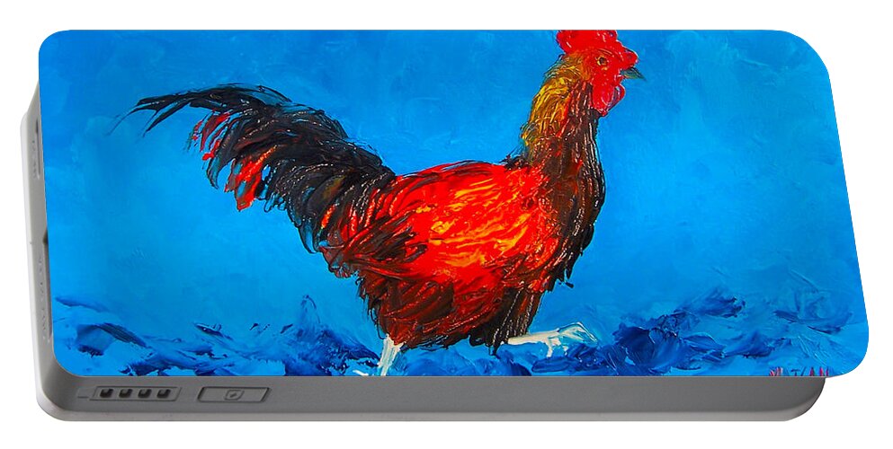 Rooster Portable Battery Charger featuring the painting Running rooster on blue background by Jan Matson