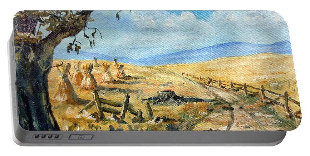 Lee Piper Portable Battery Charger featuring the painting Rural Farmland Americana Folk Art Autumn Harvest Ranch by Lee Piper