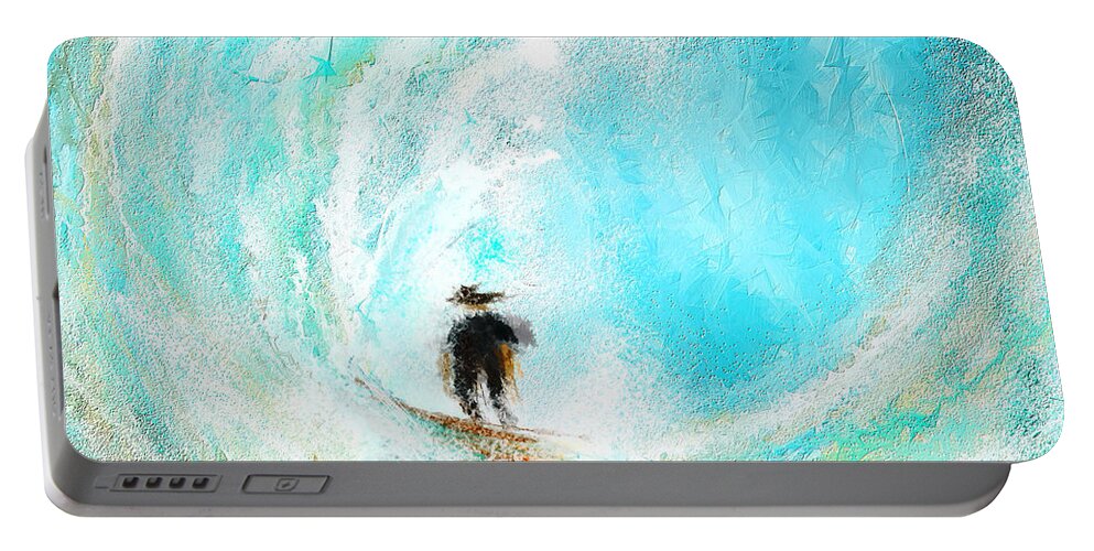 Surfing Art Portable Battery Charger featuring the painting Rushing Beauty- Surfing Art by Lourry Legarde